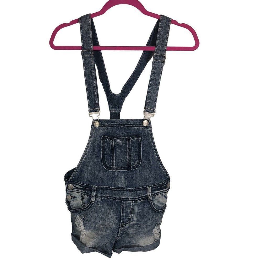 Almost Famous 7 Cut Off Cuff Shorts Distressed Denim Bib Front Overalls EUC